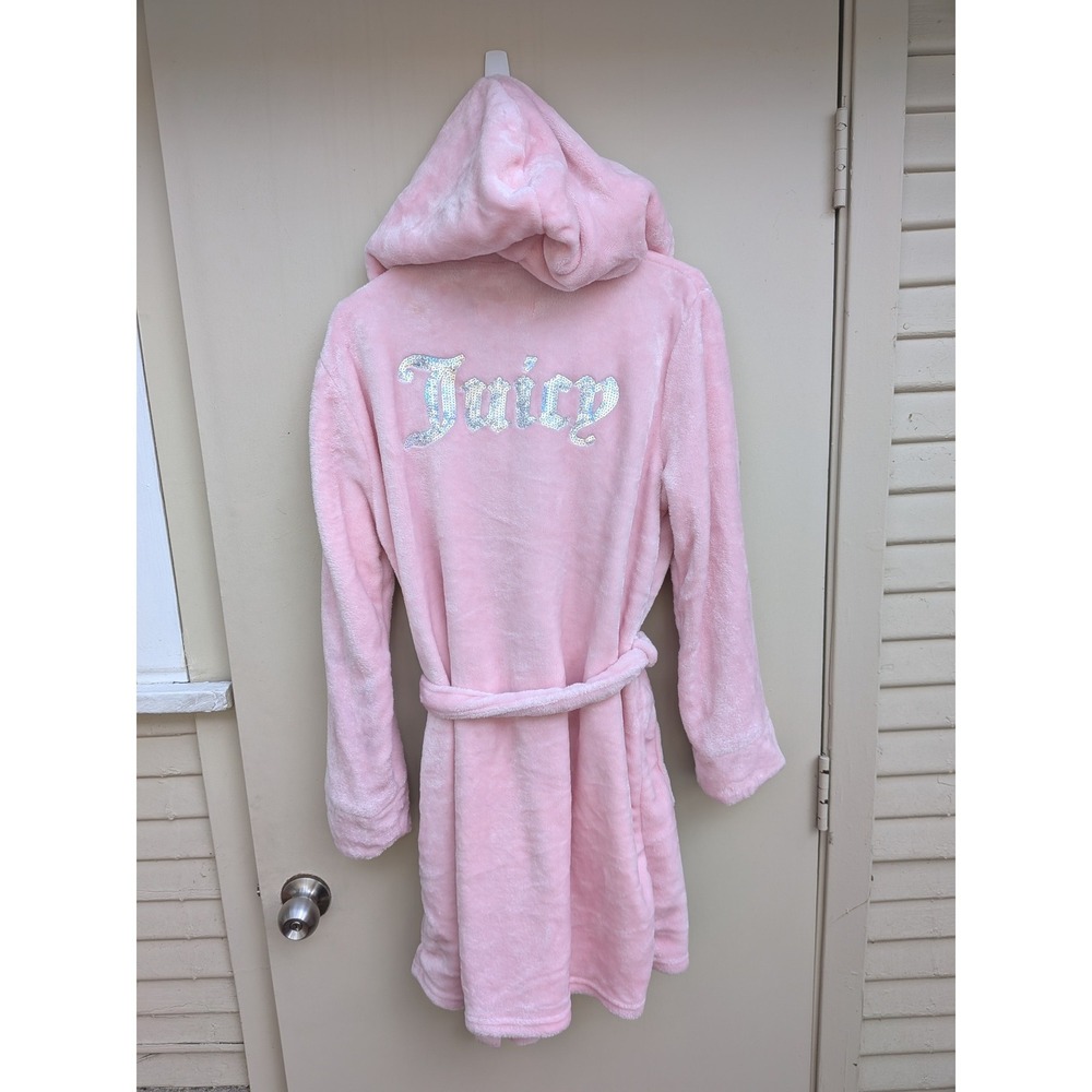 Juicy Couture Pink Plush Hooded Sequin Logo Robe Bathrobe Sleepwear L XL
